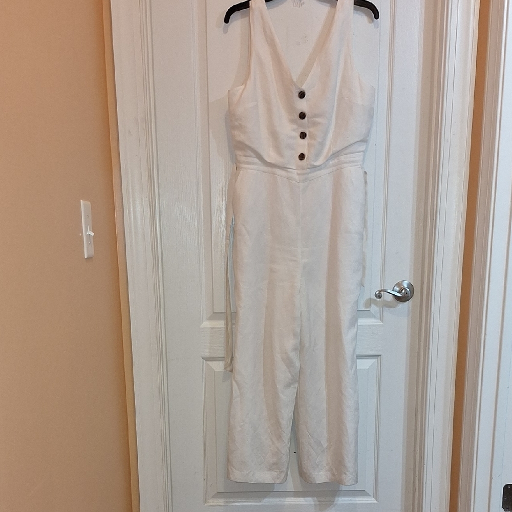LOFT White Button-Front Sleeveless Jumpsuit